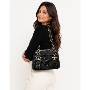 Tory Burch Retired Brown Croc Embossed Patent Leather Shoulder Bag Gold‎ Chain